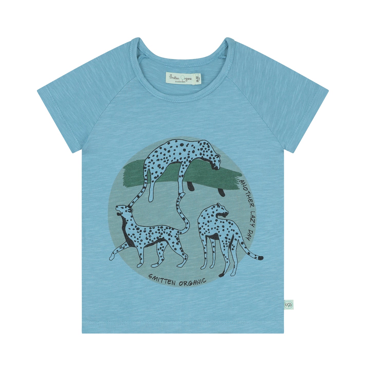 Leap of leopard lying at acacia tree short sleeve blue T-shirt