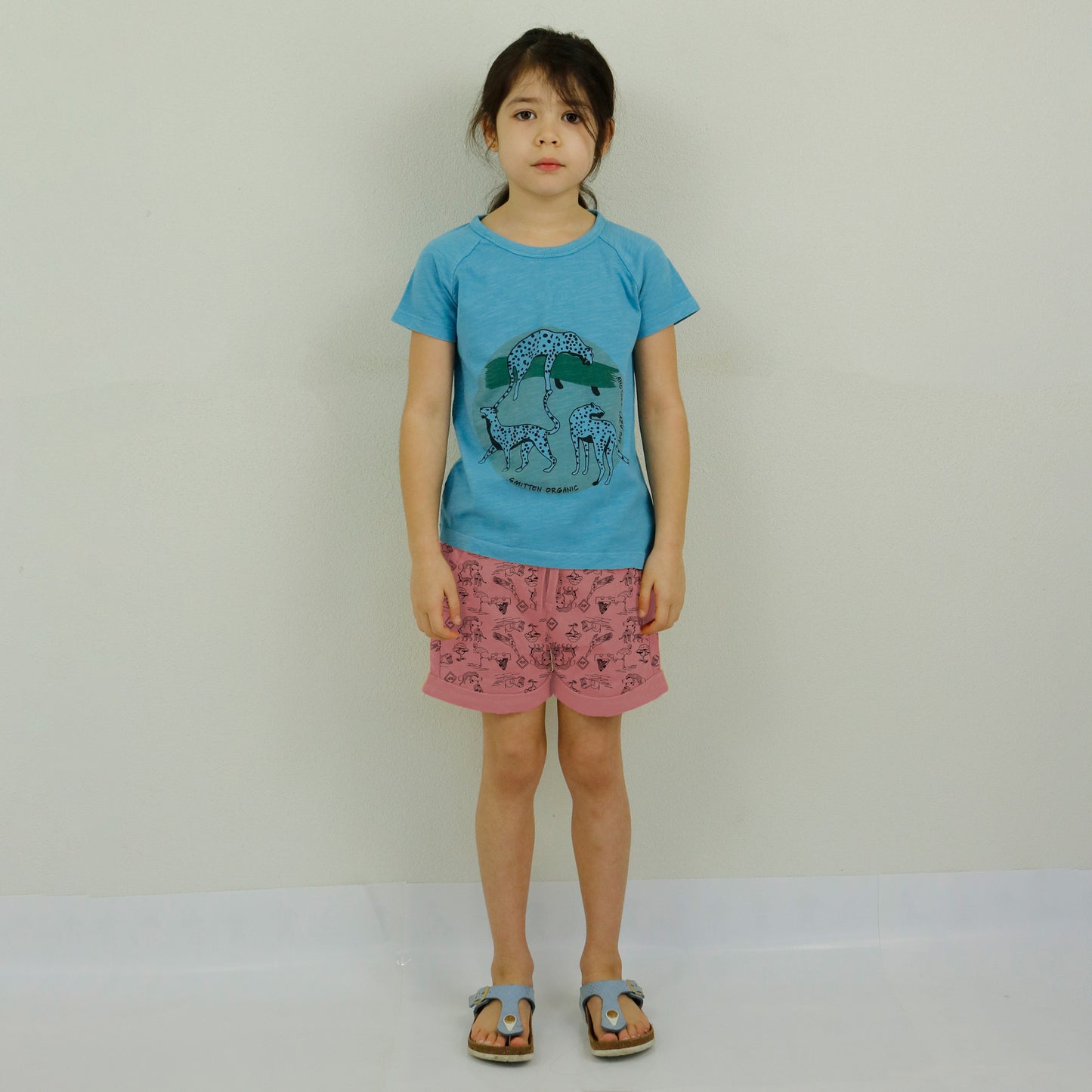 Leap of leopard lying at acacia tree short sleeve blue T-shirt