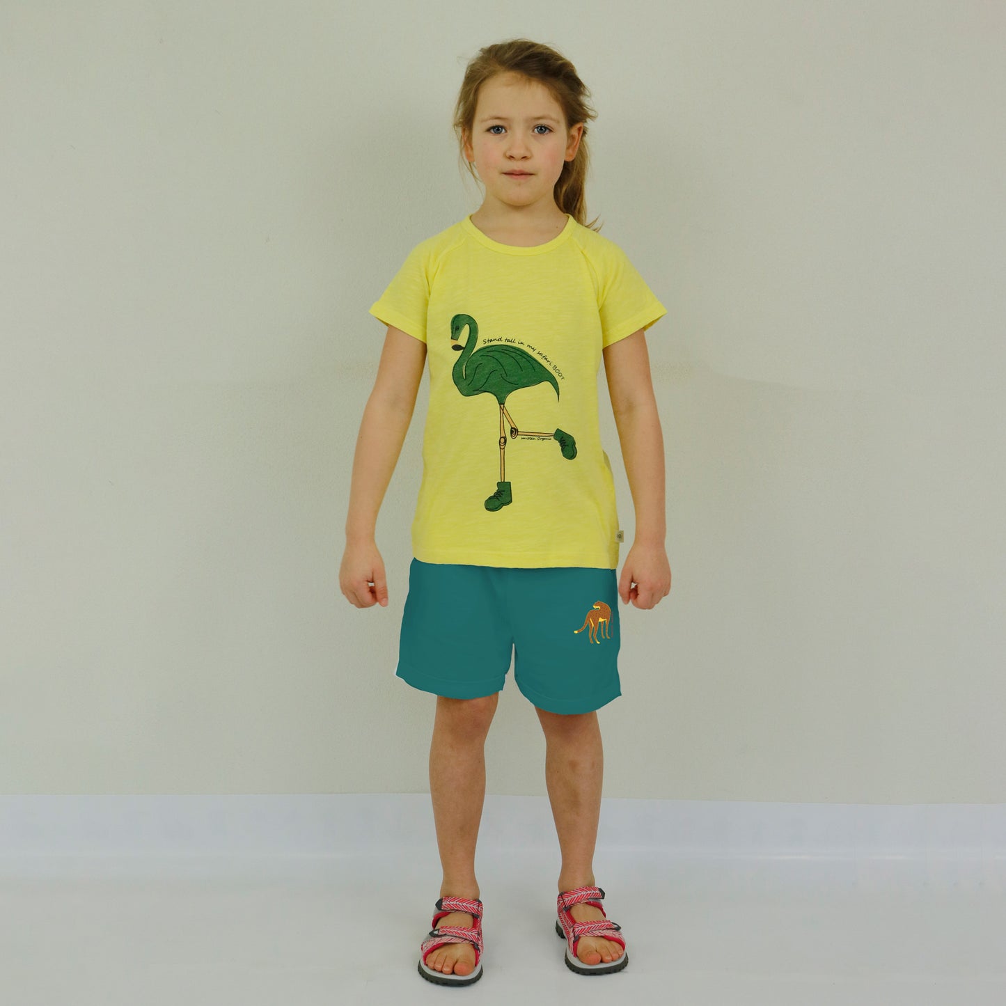 Gelbes Kurzarm-T-Shirt mit Safari-Flamingoführer