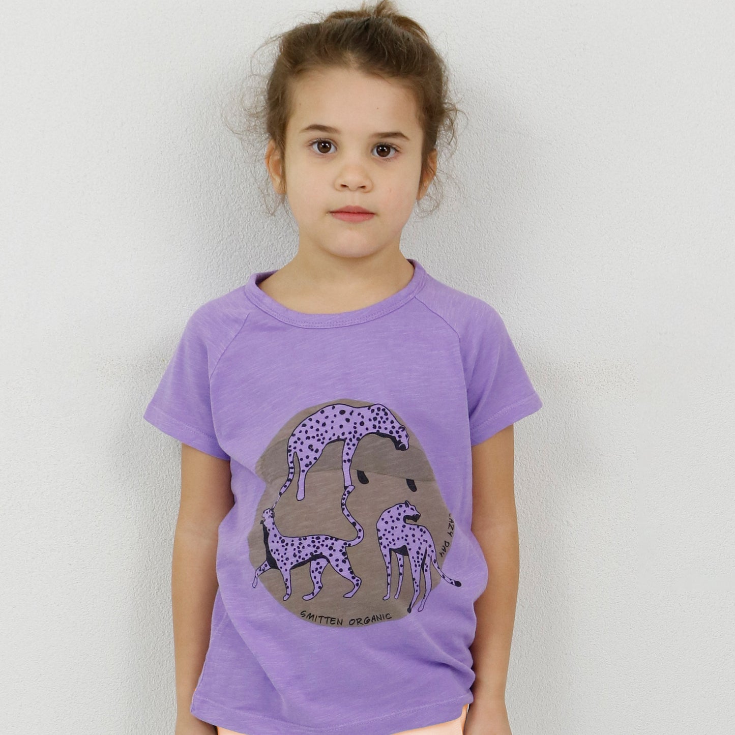Sprung des Leoparden, der am purpurroten T-Shirt des Kurzarms der Akazie liegt