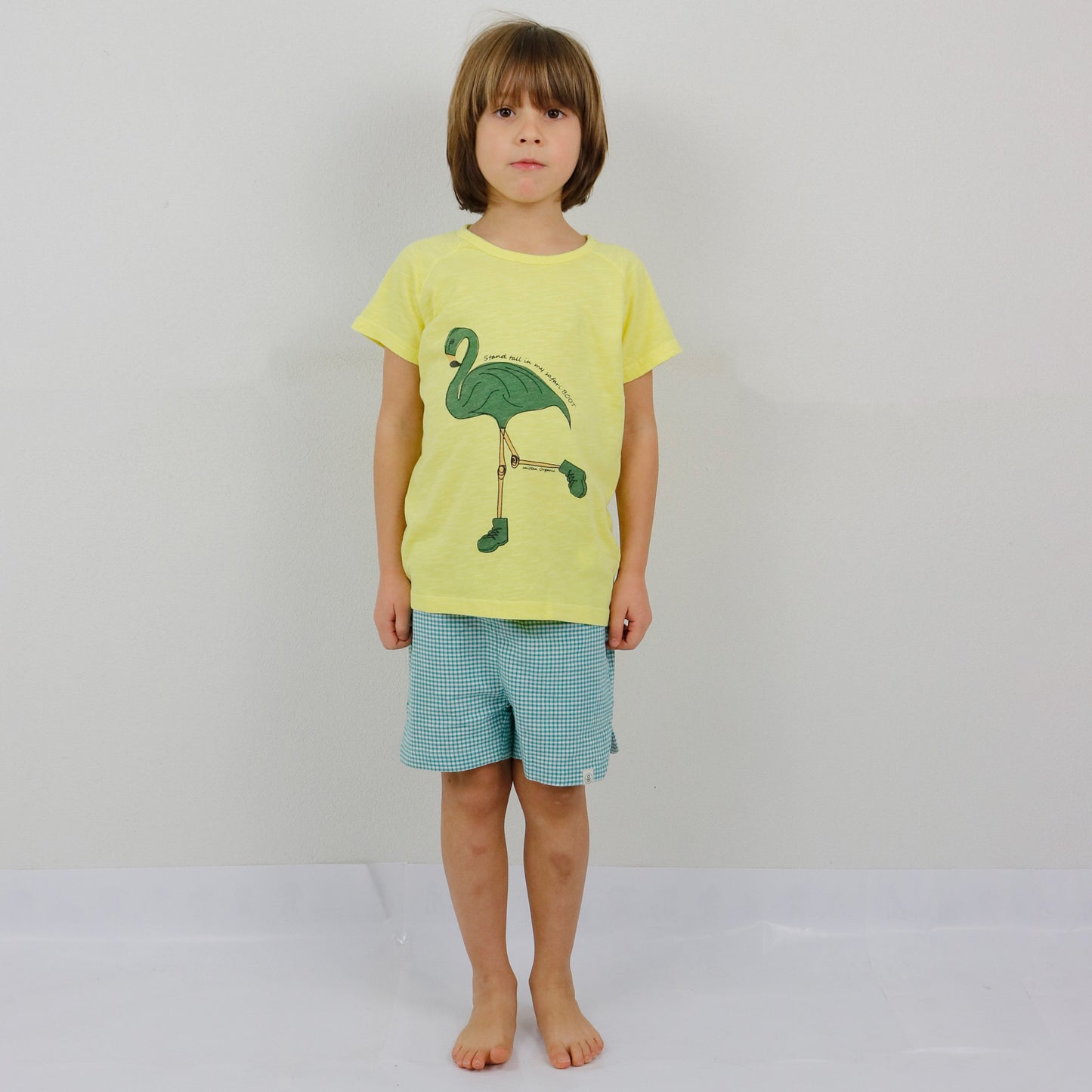 Gelbes Kurzarm-T-Shirt mit Safari-Flamingoführer