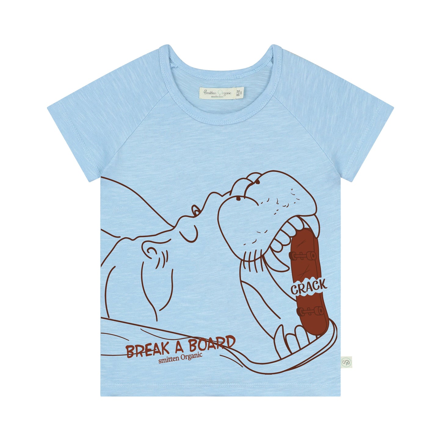 Kurzärmliges blaues T-Shirt des Flusspferds, das Skateboard knackt