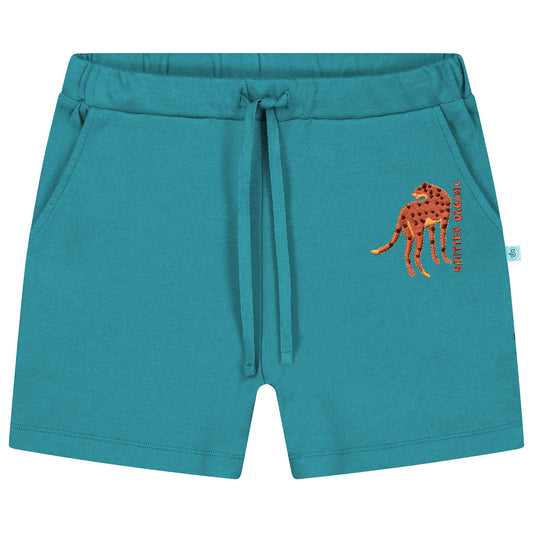 Blaugrüne Shorts mit Safari-Stickerei und Leopardenmuster