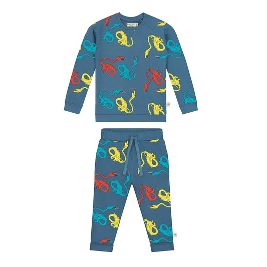 'Dragons in Camping' All Over Print Set in Vivid Denim kleur