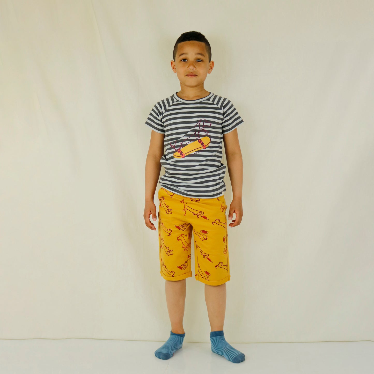 Billy With Skateboard Print On Striped Short Sleeve T-Shirt