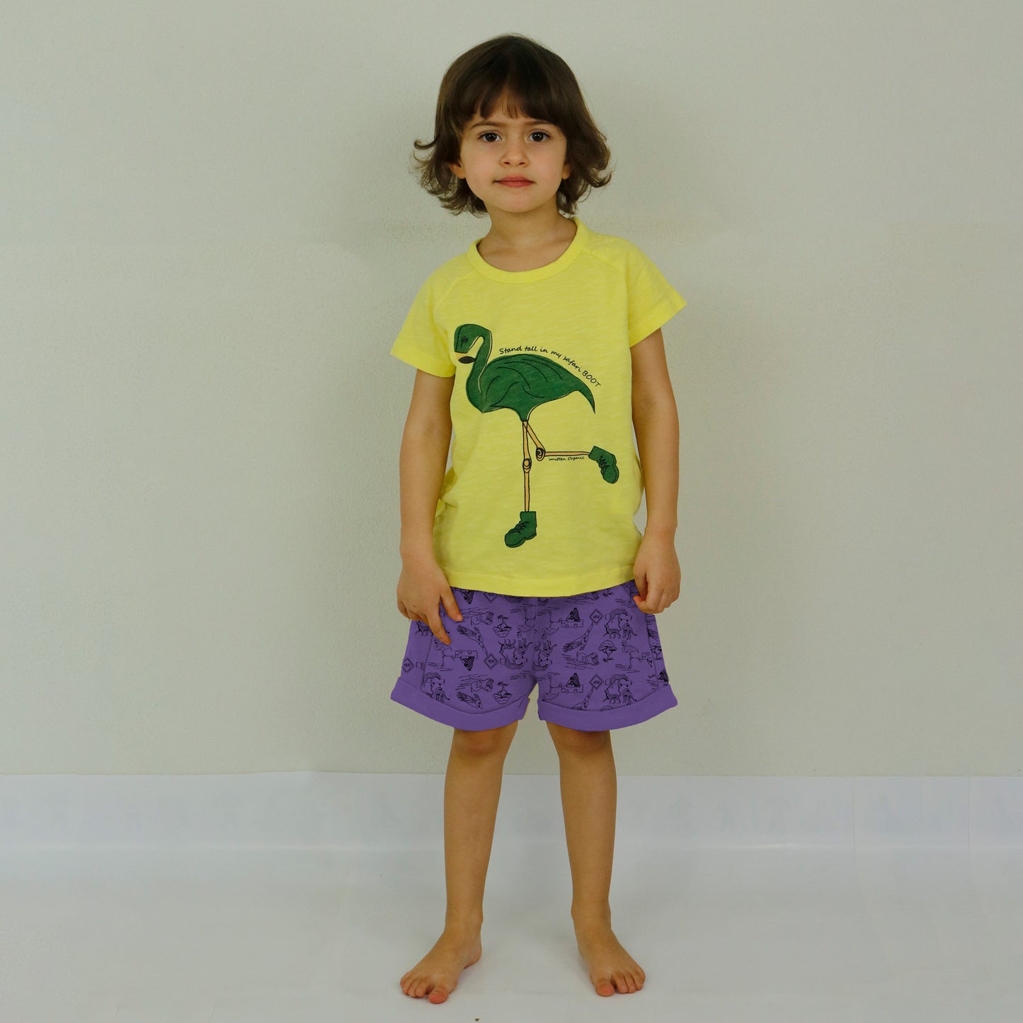 Gelbes Kurzarm-T-Shirt mit Safari-Flamingoführer